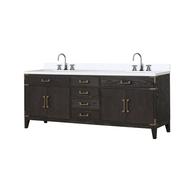 English Elm Brown Oak Double Bath Vanity With White Quartz Top & Chrome Faucet Set - Elegant Storage Solution B2731P259967