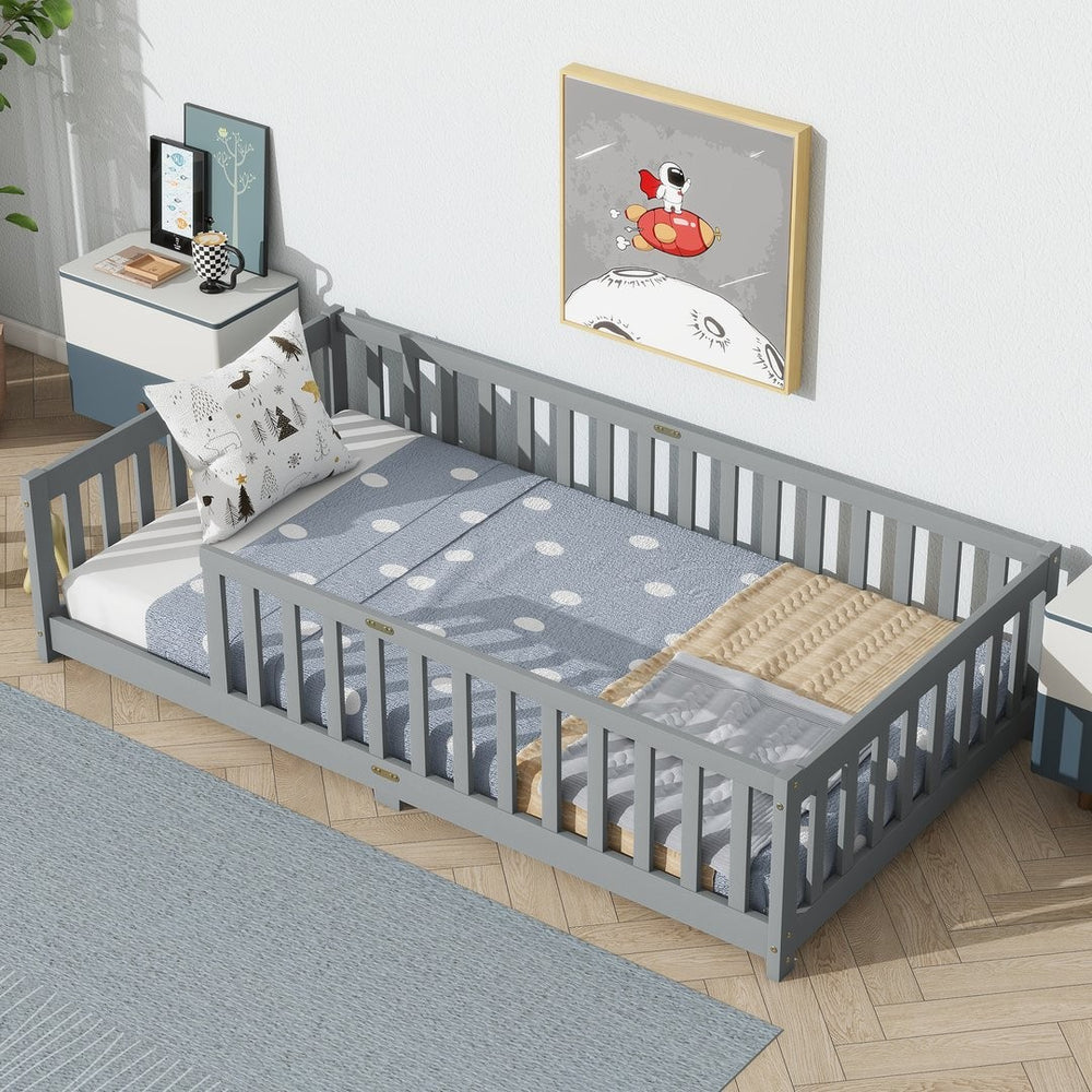 English Elm Twin Low Profile Rubberwood Floor Bed with Full Safety Fence for Toddler Rooms Grey W504P429333