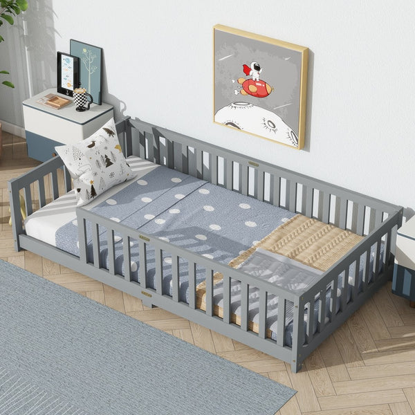 English Elm Twin Low Profile Rubberwood Floor Bed with Full Safety Fence for Toddler Rooms Grey W504P429333