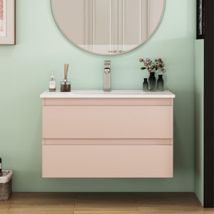 English Elm 32-Inch Modern Wall-Mounted Bathroom Vanity With Ceramic Sink, Soft-Close Drawers, Stylish Pink Finish W3151S00045