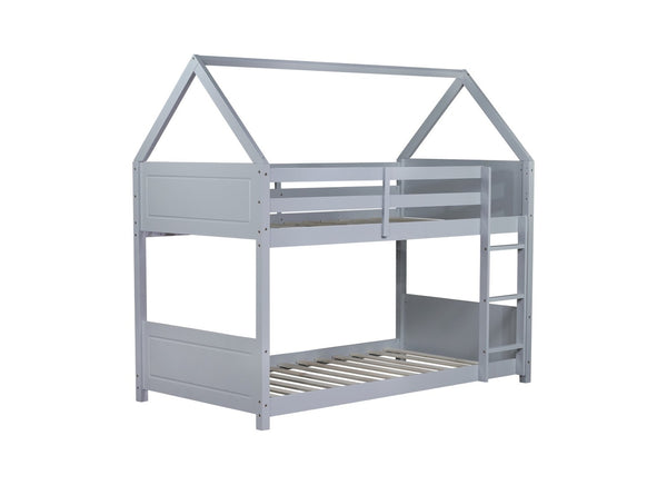English Elm Twin House-Style Floor Bunk Bed With Safety Guardrails, Durable Rubberwood, And Fun Grey Finish W504P314947-GIGA