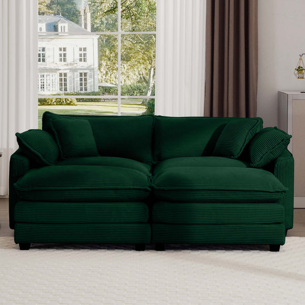 English Elm Corduroy Two-Seater Sofa With Ottoman - Chic Green Comfort For Small Spaces & Cozy Living Rooms W714S00811