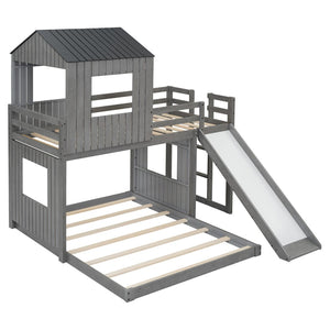 English Elm Wooden Twin Over Full Bunk Bed Farmhouse Playhouse Slide Pinewood Kids Loft LT000328AAE
