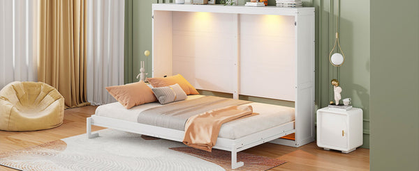 English Elm Queen Murphy Wall Bed with Led Lighting Modern Cabinet Folds Flat for Studio Living White LP100973AAK
