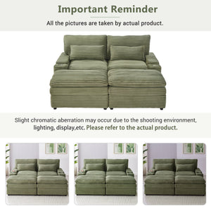 English Elm Loveseat Convertible Sectional Sofa Bed with Storage, Two Ottomans, Dual USB Ports & Cup Holders Green N719S002140F