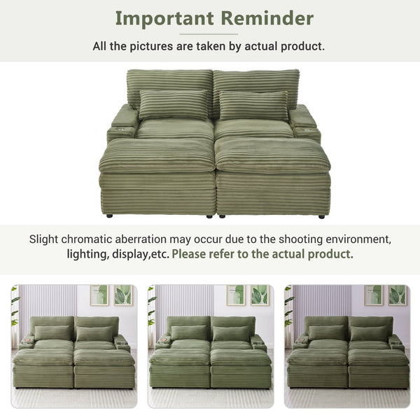 English Elm Loveseat Convertible Sectional Sofa Bed with Storage, Two Ottomans, Dual USB Ports & Cup Holders Green N719S002140F