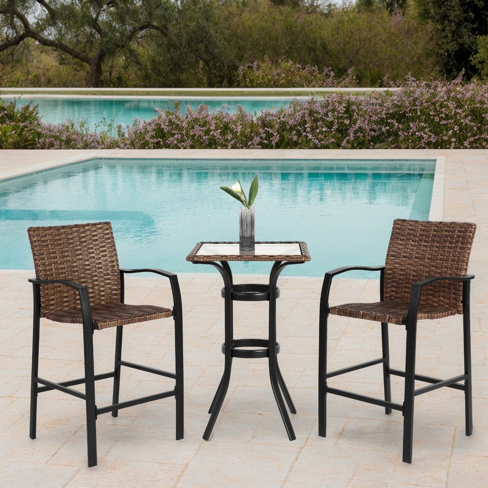 English Elm 3 Pieces Outdoor Bar Stool Set - Stylish Rattan Chairs With Glass Table For Patios, Balconies & Pools W640P256895
