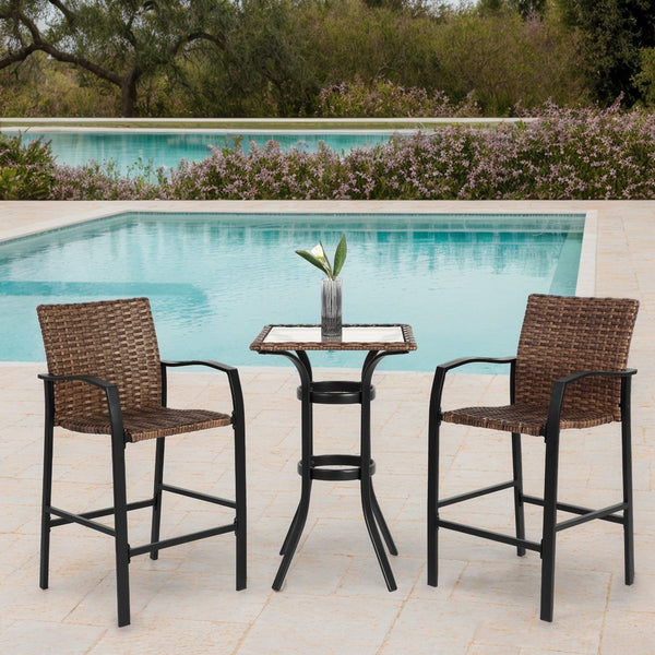 English Elm 3 Pieces Outdoor Bar Stool Set - Stylish Rattan Chairs With Glass Table For Patios, Balconies & Pools W640P256895