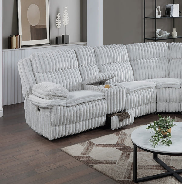 English Elm Light Light Gray Fur Corduroy U-Shaped Sectional Sofa with Console Cup Holders, Storage & Dual Recliners B011S01739
