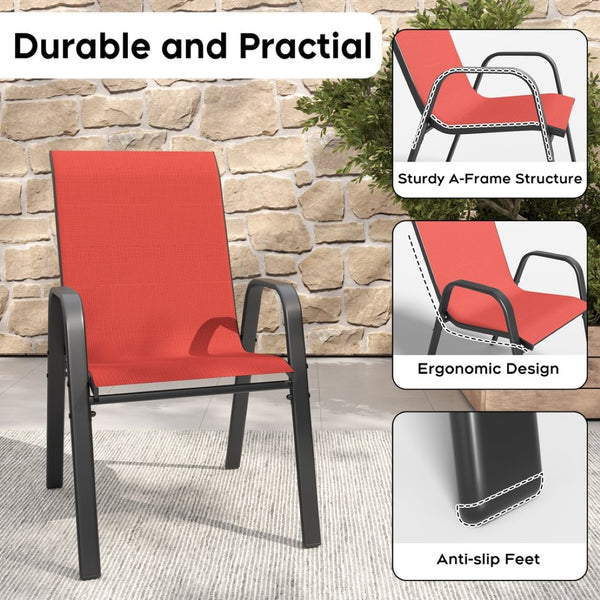 English Elm 6-piece Outdoor Dining Chair Set Powder Coated Metal Teslin Fabric Patio Seating Black+Red W3979P402401