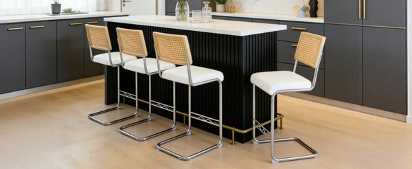 English Elm Natural Rattan Backrest Counter Stools Set of 4 with Chrome Legs and Pu Leather Seats W2920S00106