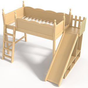 English Elm Twin Loft Bed Solid Pine Frame with Wardrobe Shelving Detachable Slide Kids Room Natural W5305S00017