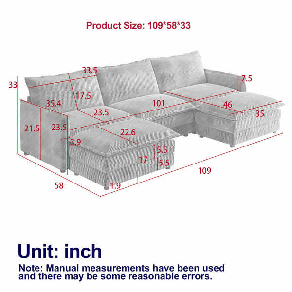 English Elm Corduroy 3-Seater Modular Cloud Couch With Movable Footrests For Ultimate Comfort & Style W834S00426