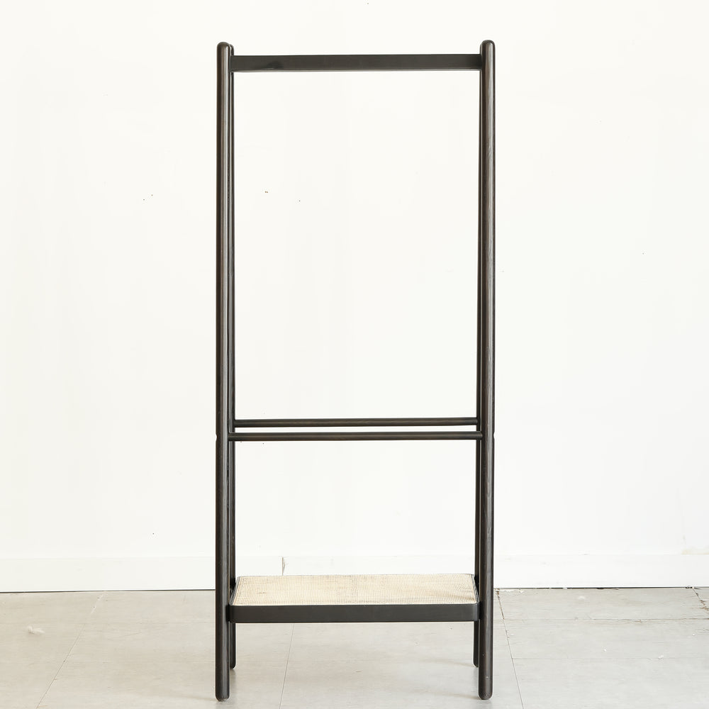 English Elm (Black) Solid Oak Wood Clothes Rack with Rattan Accents, Trapezoid Stand, Shelves & Shoe Storage W1283P298205