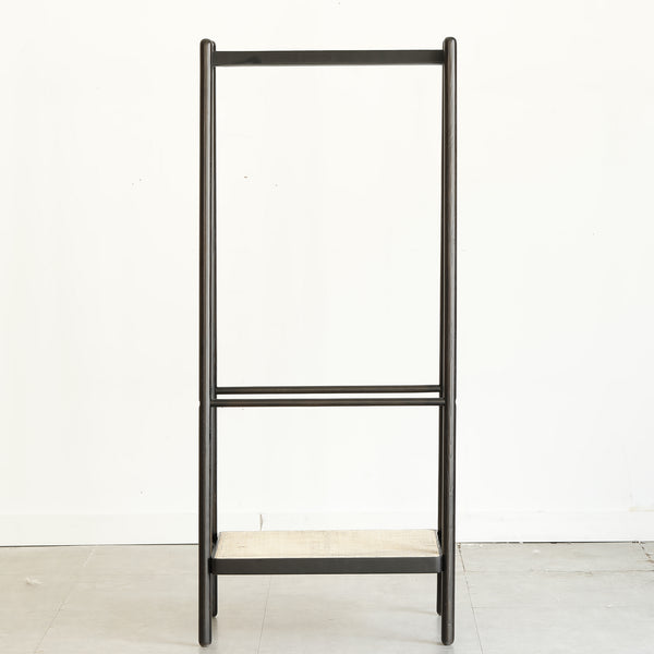 English Elm (Black) Solid Oak Wood Clothes Rack with Rattan Accents, Trapezoid Stand, Shelves & Shoe Storage W1283P298205