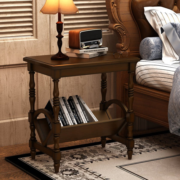 English Elm Classic Wooden Side Table with Magazine Rack and Birch Veneer, Rubberwood Legs, Elegant Storage Dark Brown W3137P270465