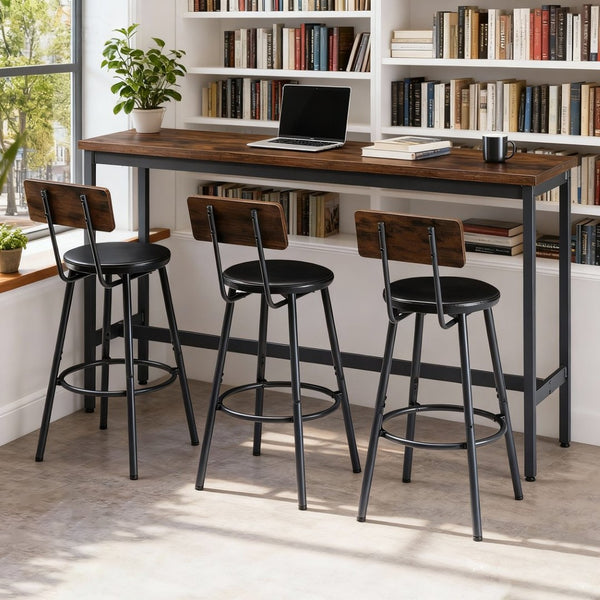 English Elm Bar Table Set with 3 Pu Leather Stools Industrial Steel Frame Rustic Dining Nook W3204P428249