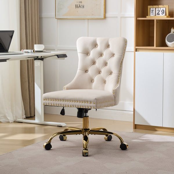 English Elm A&A Velvet Tufted Office Chair with Hand-Pulled Buttons, Nailhead Trim & Golden Metal Base, Luxe Comfort Beige W1143P292466
