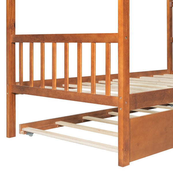 English Elm Twin House Bed with Pull Out Trundle Solid Pine Wood Frame Walnut Kids Room N708P309238L