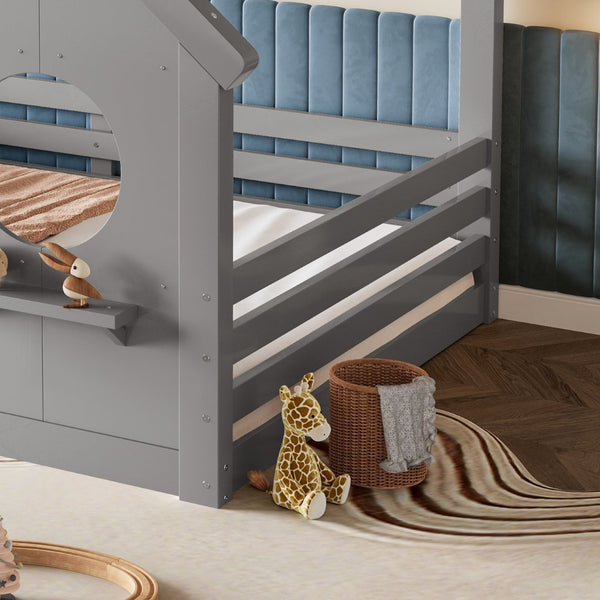 English Elm Twin House Bed Low Profile Pine Wood Frame with Shelf Montessori Kids Floor Sleeping Gray W5305P429646