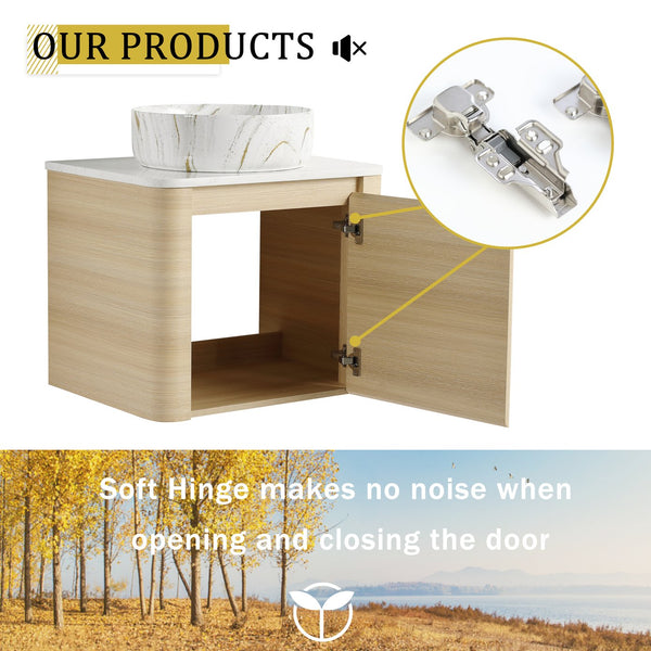 English Elm 24'' Sleek Wall-Mounted Bathroom Vanity With Ceramic Vessel Sink & Soft-Close Door For Small Spaces W999S00459