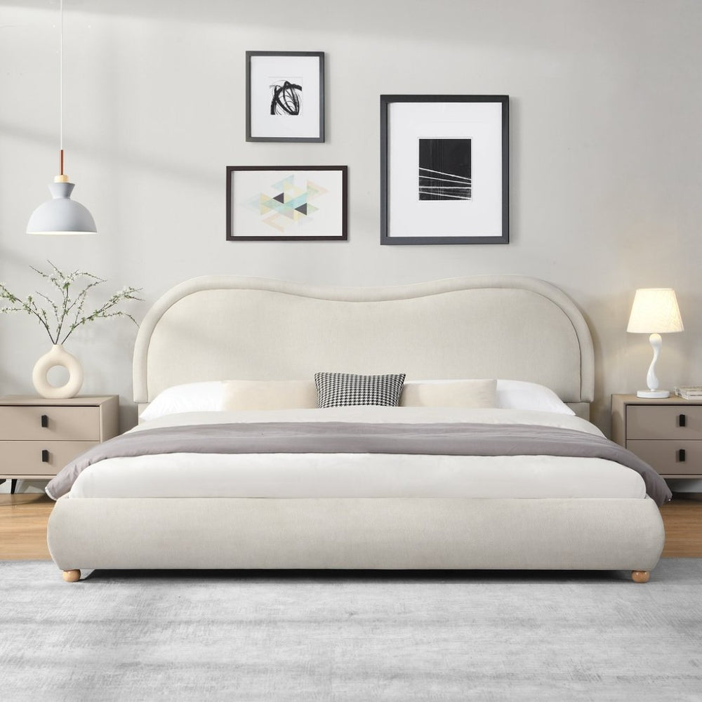 English Elm Queen Chenille Upholstered Bed Curved Headboard Oak Legs Wooden Slat Platform Frame W1716P387791
