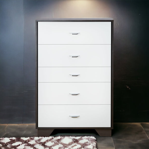 English Elm White 5-Drawer Chest in White and Espresso Finish — Sleek Rectangular Design, Ample Storage, Modern Style B062P209032