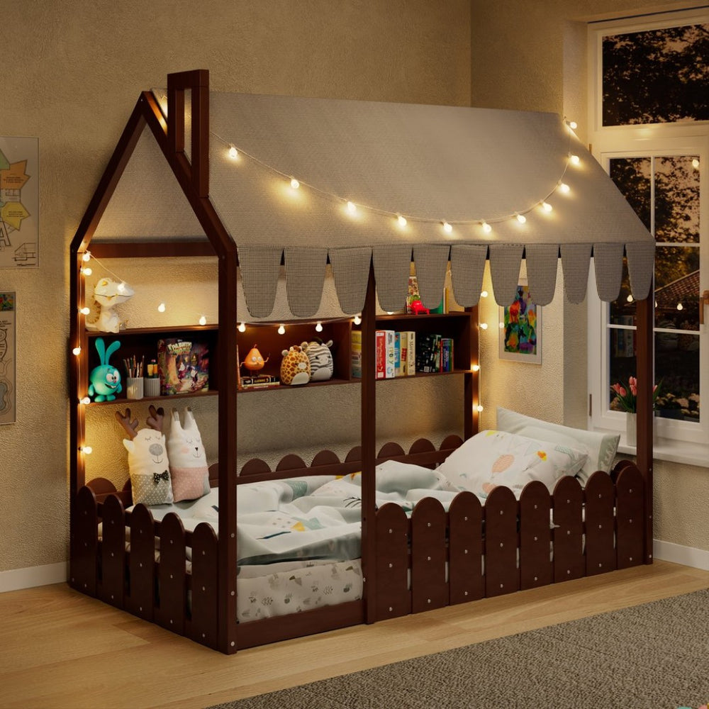 English Elm {slats Are Not Included} Twin Montessori House Floor Bed Kids Tent Lights Shelves Pinewood Frame Espresso N708P407962P