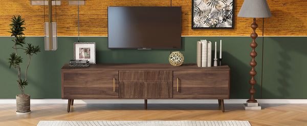 English Elm Mid Century TV Stand Walnut Finish with 2 Drawers, Cable Management, Solid Wood Legs, 80'' Safe Storage and Style N710P222772P
