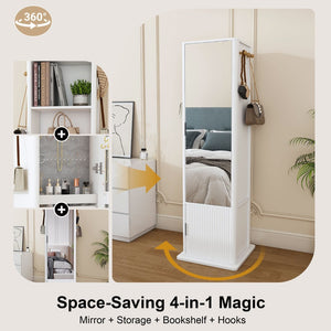 English Elm 360° Rotating Tower Cabinet with Full Length Mirror Open Shelving and Jewelry Storage White W509P456172