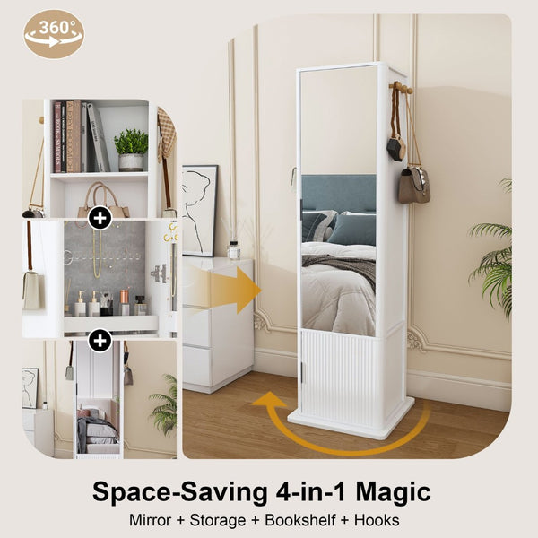 English Elm 360° Rotating Tower Cabinet with Full Length Mirror Open Shelving and Jewelry Storage White W509P456172