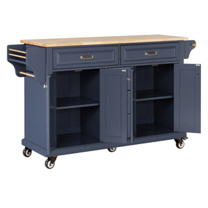 English Elm Kitchen Island durable rubberwood countertop kitchen cart on casters with towel rack, spice shelf, 5 drawers and adjustable shelving for organized meal prep and mobility Blue W914S00005