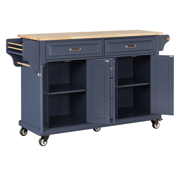 English Elm Kitchen Island durable rubberwood countertop kitchen cart on casters with towel rack, spice shelf, 5 drawers and adjustable shelving for organized meal prep and mobility Blue W914S00005