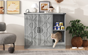 English Elm Cat Litter Box Cabinet Gray Mdf with Built-in Power Outlet and Geometric Door Design N704P414606E