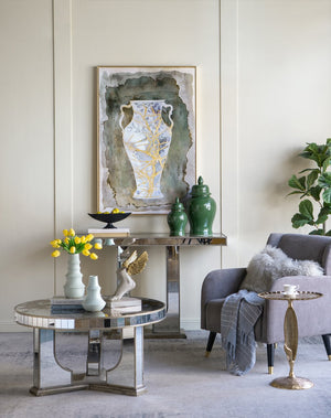 English Elm 31.5x47.2" Hand-Painted Canvas: Ancient Greek Amphora Vase Art in Blue & Gold on Earthy Backdrop, Elegant Statement Piece W2078P318073