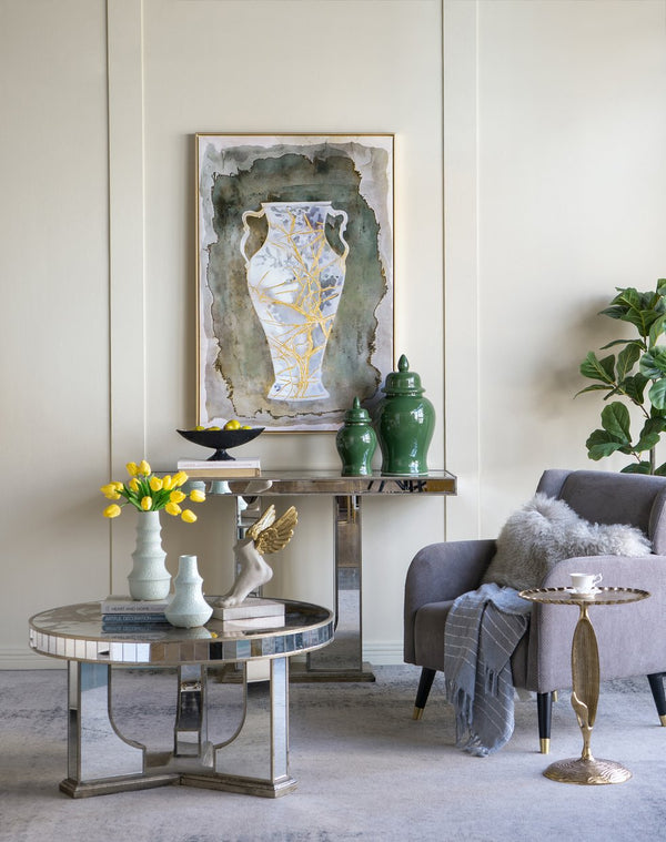 English Elm 31.5x47.2" Hand-Painted Canvas: Ancient Greek Amphora Vase Art in Blue & Gold on Earthy Backdrop, Elegant Statement Piece W2078P318073