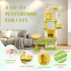English Elm 71 Inch Floral Cat Tower with Condo Hammock Sisal Posts and Plush Perches for Large Breeds Yellow W243P326629