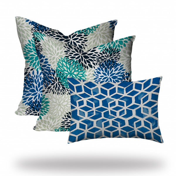 Homeroots Set Of Three 20" X 20" Blue And White Blown Seam Floral Throw Indoor Outdoor Pillow  100% Polyester 410009