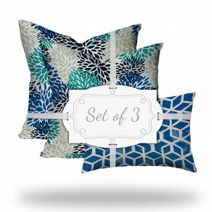 Homeroots Set Of Three 20" X 20" Blue And White Blown Seam Floral Throw Indoor Outdoor Pillow  100% Polyester 410009