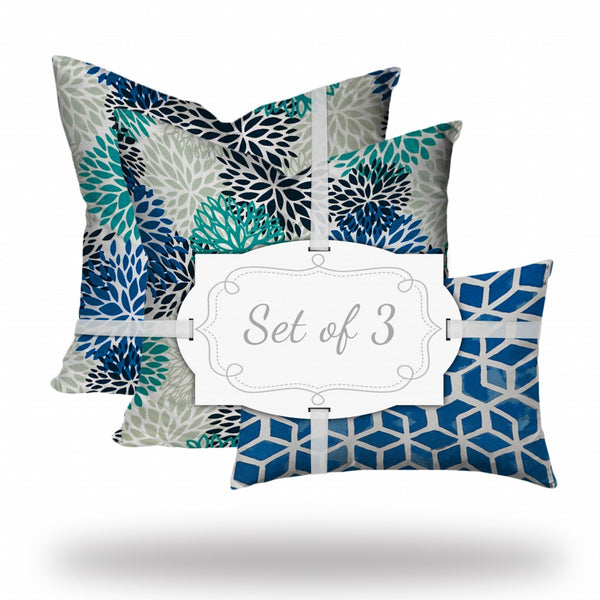 Homeroots Set Of Three 20" X 20" Blue And White Blown Seam Floral Throw Indoor Outdoor Pillow  100% Polyester 410009