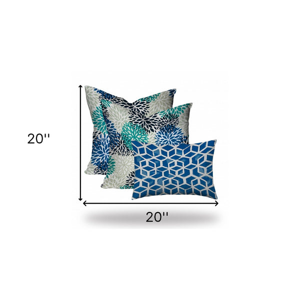 Homeroots Set Of Three 20" X 20" Blue And White Blown Seam Floral Throw Indoor Outdoor Pillow  100% Polyester 410009