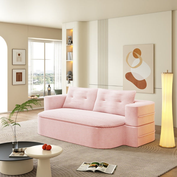English Elm 78.7" Plush Corduroy Convertible Sleeper Sofa with Tufted Back and Foldable Floor Bed Baby Pink W3219P410144