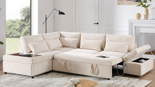 English Elm [video]107'' Chenille Sleeper Sectional with Usb Charging Storage Ottoman and Adjustable Armrest Beige N723S8782A