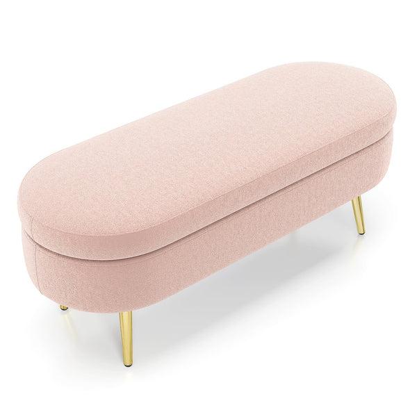 English Elm Ottoman Oval Flannel Storage Bench with Matte Metal Legs for Bedroom or Living Room Pink W487P438632