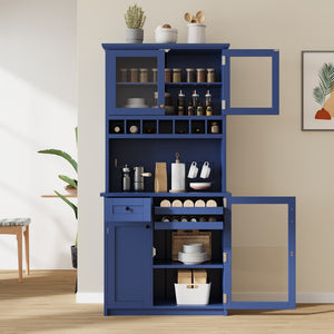English Elm Topmax Farmhouse Buffet Hutch with Wine Rack Shaker Glass Pantry Cabinet Blue N717P327043C