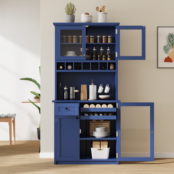 English Elm Topmax Farmhouse Buffet Hutch with Wine Rack Shaker Glass Pantry Cabinet Blue N717P327043C