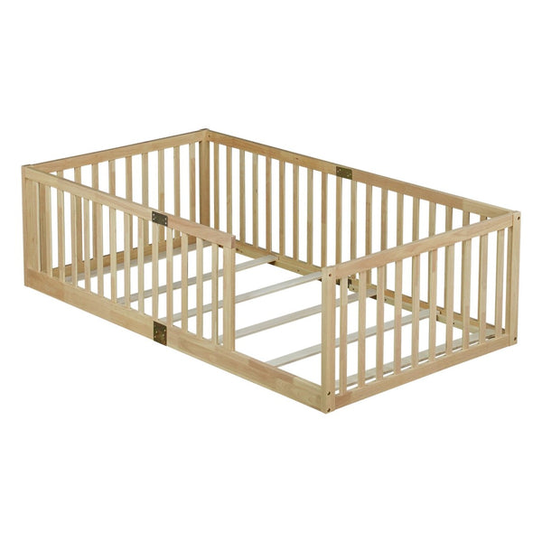 English Elm Twin House Frame Floor Bed Rubberwood with Roof Canopy and Safety Rails for Kids Natural W504P429531
