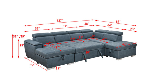 English Elm 128"Sofa U-Shaped Sectional with Pull-Out Bed, Storage Chaises, Adjustable Headrests for Comfort Blue W1417S00086