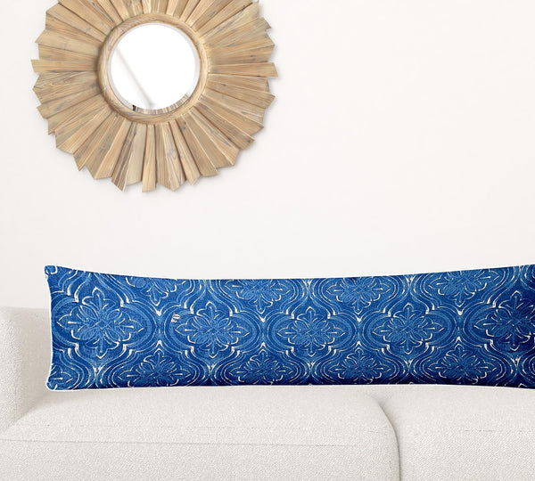 Homeroots 12" X 48" Blue And White Zippered Ikat Lumbar Indoor Outdoor Pillow  100% Polyester 410218
