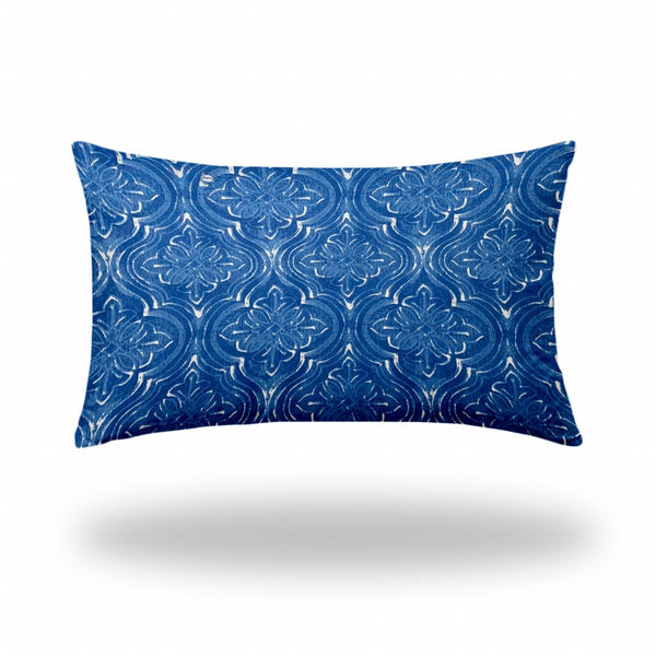 Homeroots 16" X 26" Blue And White Zippered Ikat Lumbar Indoor Outdoor Pillow  100% Polyester 410228